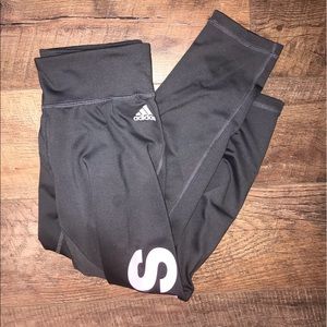 Gray Adidas leggings with pink Adidas logo